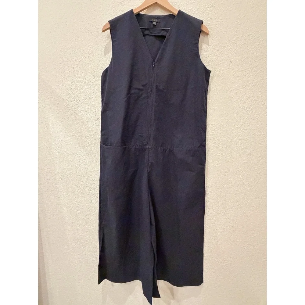 COS Linen Blend Sleeveless Wide Leg Cropped Jumpsuit Navy Minimalist Lagenlook